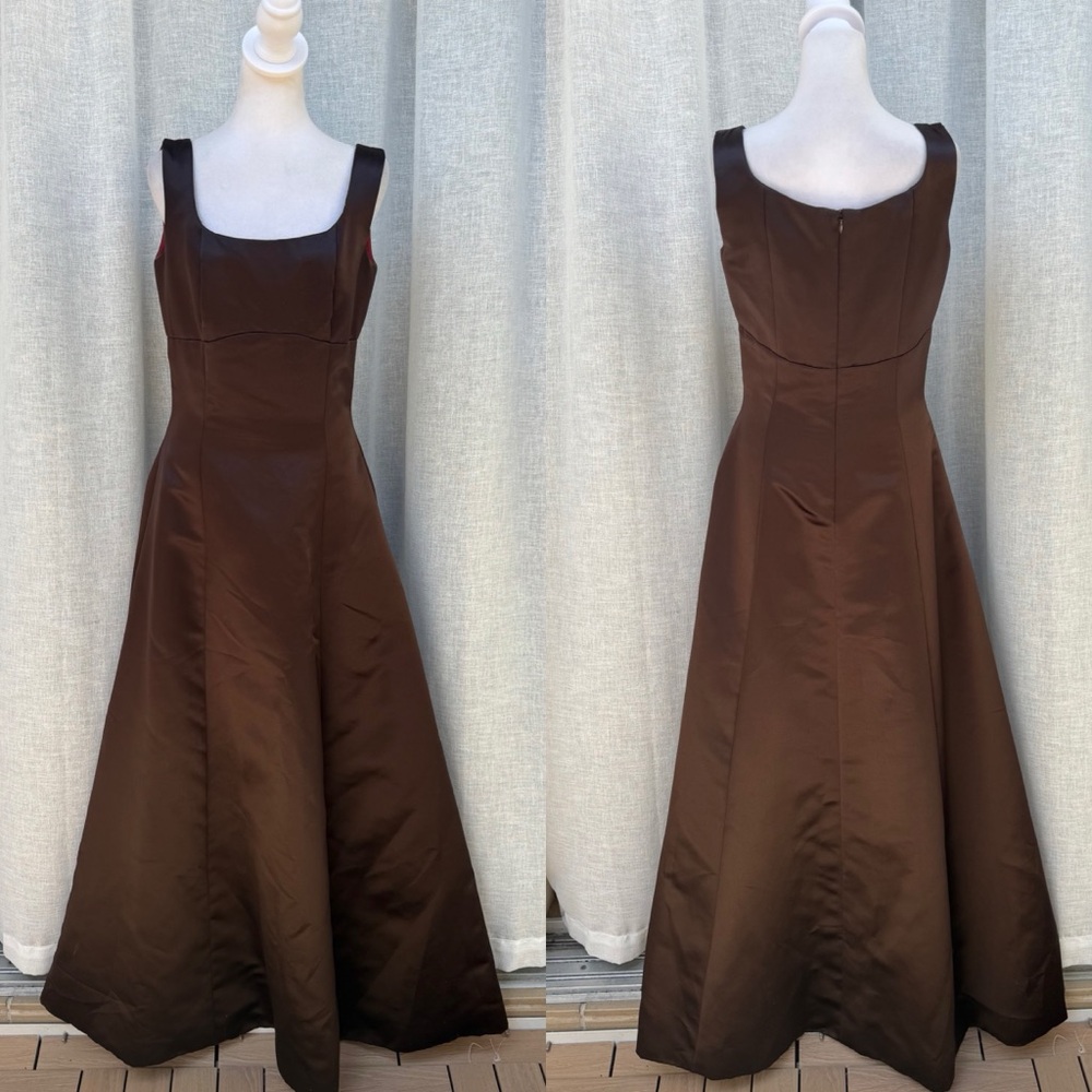Monique Lhuillier chocolate brown maxi sleeveless sateen gown dress